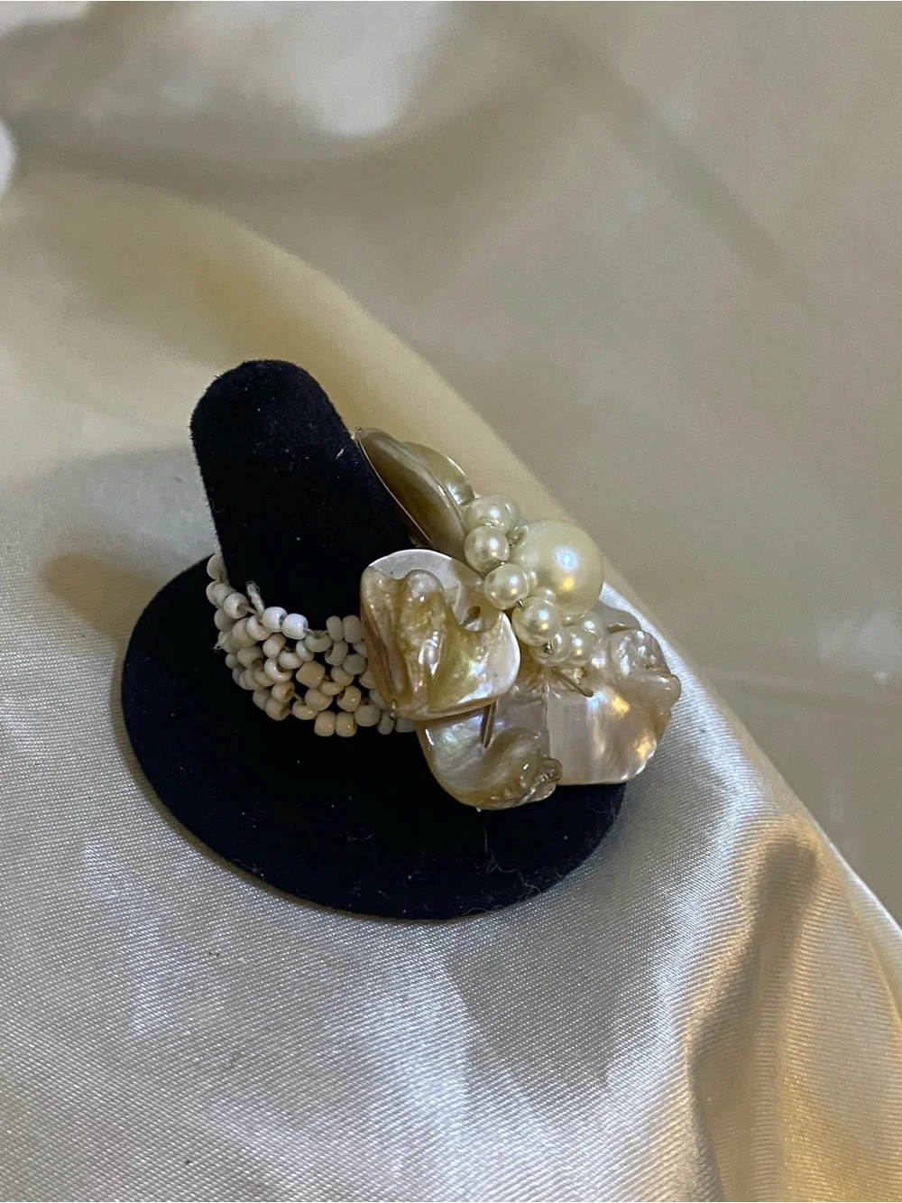 Vintage Mother-of-Pearl Flower Statement Ring with Faux Pearl Cluster